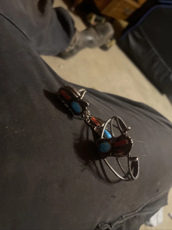 Sterling Silver Turquoise & Red Coral Navajo SET Ring Slave Bracelet - Image 2 of 4