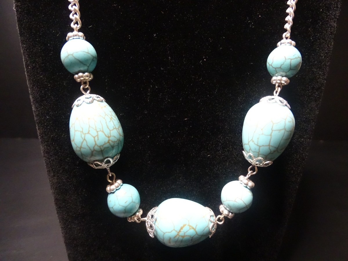 Southwestern Turquoise Statement Necklace With Silver-Toned Beads & Spacers View 3