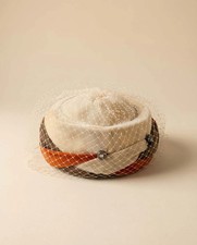 Vintage 1950s Cream Veil Pillbox Hat Rust Brown Trim Velvet Detail Cocktail Hat