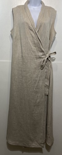Maxi vestido envolvente de estudio hecho a mano de lino para mujer XL sin mangas beige Lagenlook playa - Imagen 2 de 10