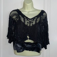 Vtg 50s/60s black beaded  sequined blouse with satin bow at waist