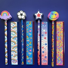 4 Vintage Lisa Frank Pencils W/ Eraser Toppers and Matching Rulers 90's NEW