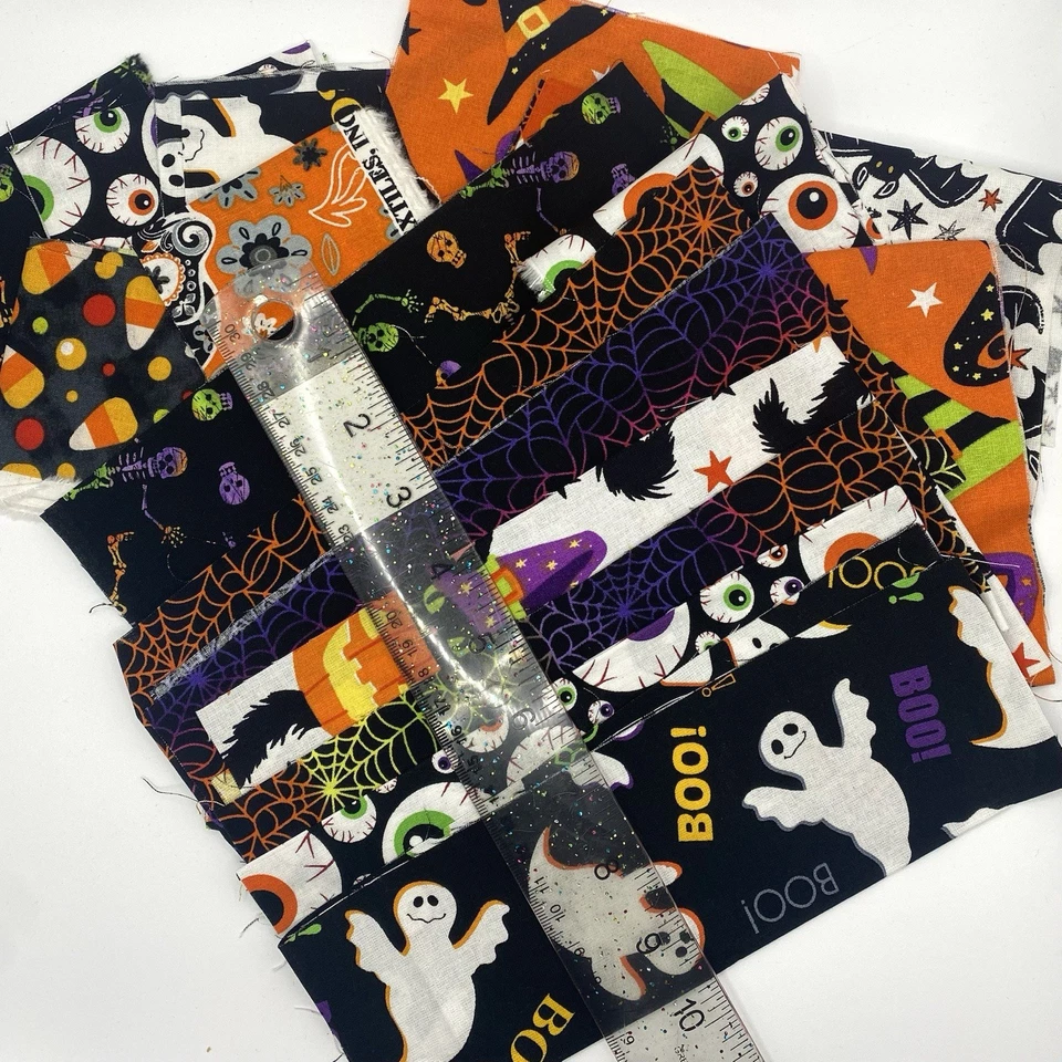 Lote de sucata de tecido de algodão vintage Halloween laranja preto olhos de gatos abóboras mais - Imagem 3 de 3