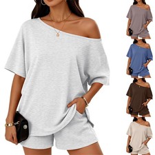 Womens 2-piece Fashionable Casual Set Slant-Neck Top And Shorts For Loungewear