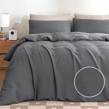 Waffle Duvet Cover Queen Size Soft Breathable Cooling Luxury 3 Queen, Gray 