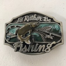 Vintage Belt Buckle Mens Fishing Fisherman Fish Metal USA Made Arroyo Grande Dad