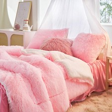 Luxury Faux Fur Full/Queen Size Winter Comforter Set Shaggy Velvet Pink Long ...