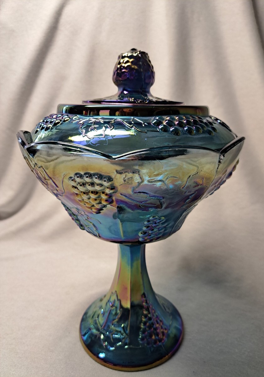 Iridescent Indiana Glass Blue Carnival Harvest Grape Pedestal