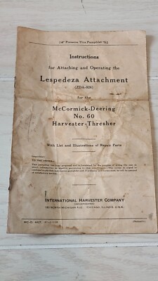 VINTAGE INSTRUCTIONS MANUAL MCCORMICK DEERING HARVESTER THRESHER No. 60