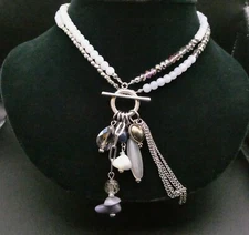 New Tassle Charm Necklace Y-Drop Silvertone Beaded Toggle Statement Versatile