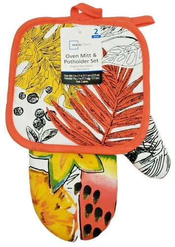 Tropical Fruit Oranges Watermelon Kitchen Potholder Oven Mitt Set Fall Colors X2 - Picture 5 of 7