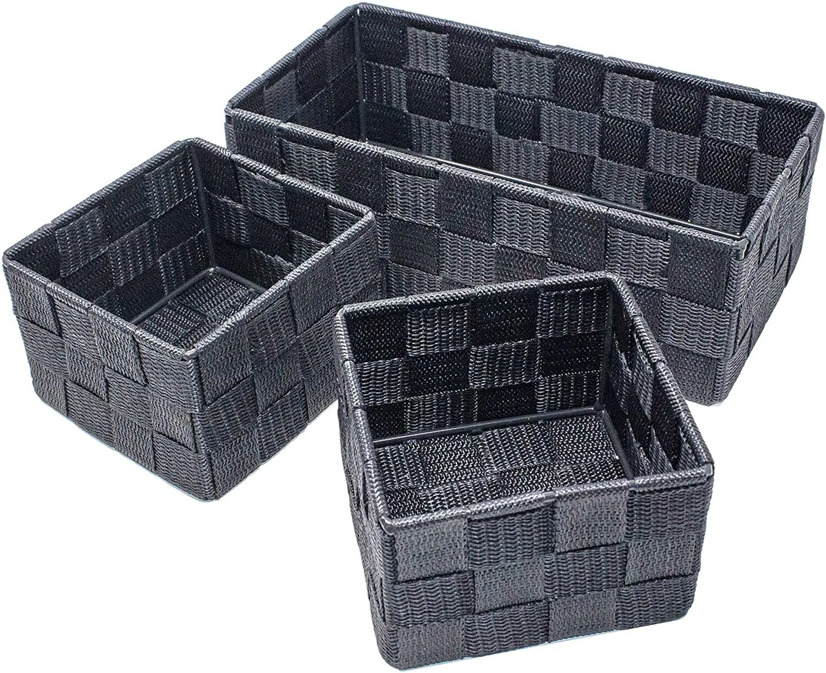 Storage Baskets, 3 Set, Woven Fabric Organiser Boxes for Shelves