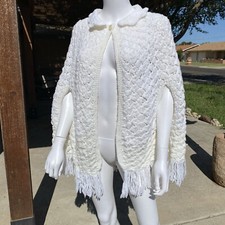 60s 70s Womens Hand Knit Crochet Afghan Cape Shawl Poncho Sweater White Handmade