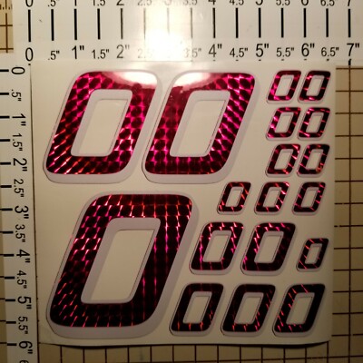 Prismatic Red w/ White  #0's  Racing Numbers Vinyl Decal Sheet 1/10-1/12 r/c car