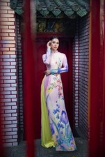 Ao Dai High Quality Silk, Round Neck, Designer Flowers Long Dress With Pants. M