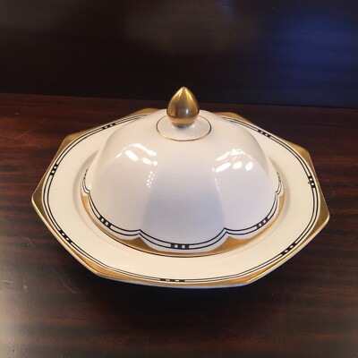 Johnson Bros Butter Dish Made in England Gold and black Art deco  style
