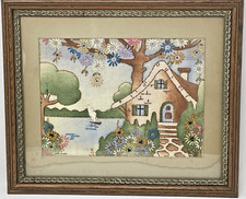 Antique Vtg Embroidered Cottage on Lake Needlework Framed Picture App 20 x 17"
