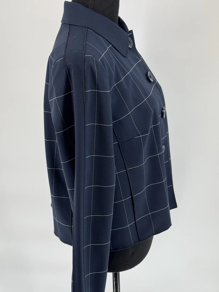 Chaqueta Blazer WORTH New York Lana Azul Marino Para Mujer M Cuadros Recortada Cuadrada Negocios Foto 3 de 4
