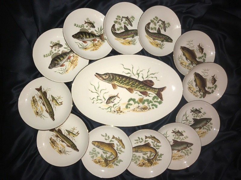 Vintage Israel Naaman Porcelain Fish Serving for 12 + Serving Platter MINT!