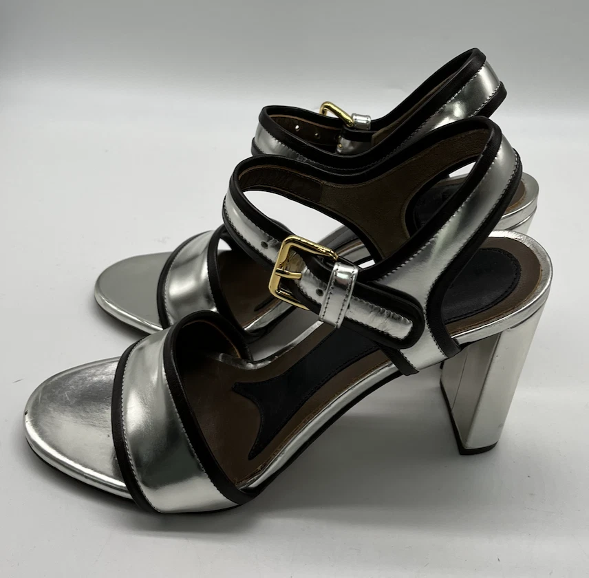 Sandalia Marni Plateada Metálica Negra Ribete Charol Punta Abierta Tacón Bloque talla 37 Foto 3 de 4