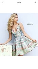Sherri Hill Short Blue Floral A-line Dress Prom Semi Formal 50781 Size 2