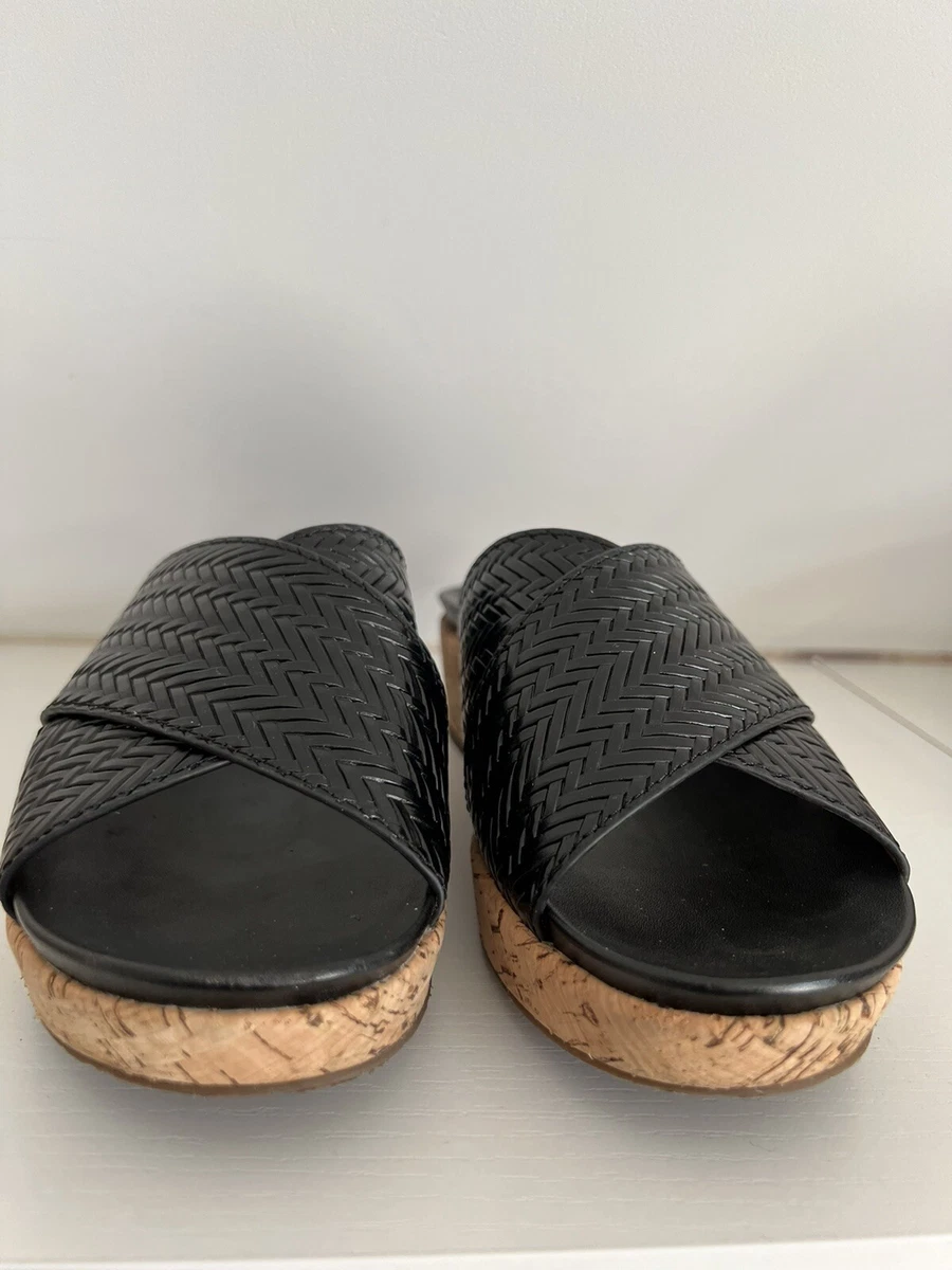 Black leather and cork Patricia Nash Luca platform wedge slide sandals 8.5