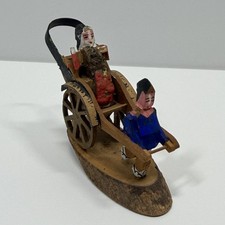 Vintage 1957 Hand Carved Wood Rickshaw Figurine - Folk Art Man & Geisha - Japan 