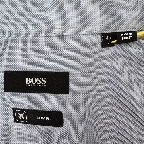 Camisa de vestir Hugo Boss Jason ajustada para hombre 17-43 azul línea de viaje cuello estancias - Imagen 9 de 12