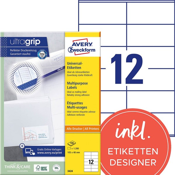 Avery Zweckform Etiketten 3424 Weiß 105,0 X 48,0 Mm, 100 Blatt-image