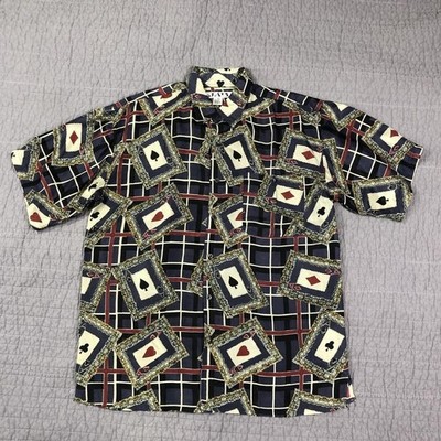 Vintage JAB Shirt Men Large Navy Blue Poker Card 100% Silk Button Up Camp Casino
