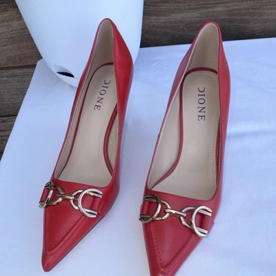 DIONE Red Leather Stiletto Pumps Pointed Toe Metal Hardware Women's Size 8