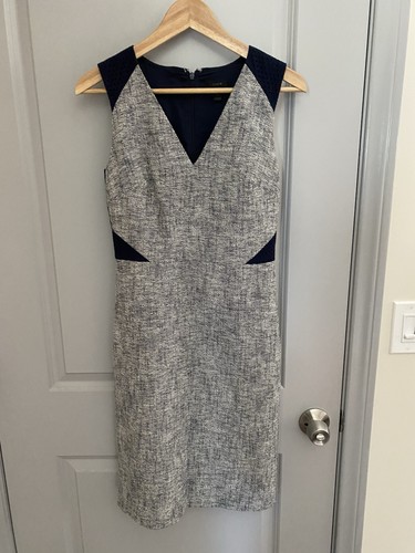 J.Crew Dress Sleeveless Sheath Pencil Gray Navy Tweed Eyelet Lined Size 0 EUC - Picture 4 of 7