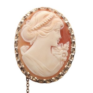 Authentic Gold Plated Shell Cameo Brooch with C Clasp & Safety Chain
