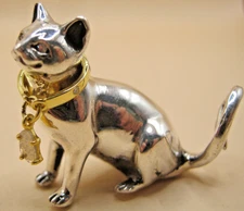 Gorgeous Sterling Silver Cat With Gilt Real Diamond Collar & Eyes "Ophelia"