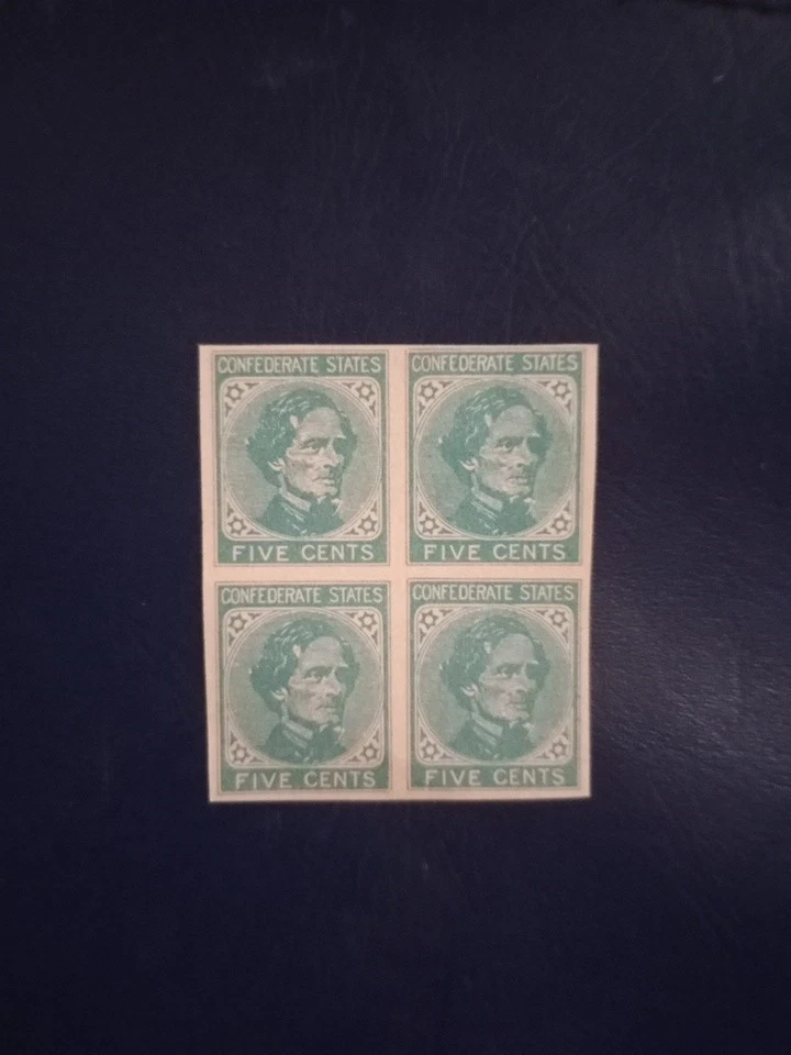 (4) Estampillas facsímil de cinco centavos de los Estados Confederados de CSA sin cortar #205 Foto 4 de 4