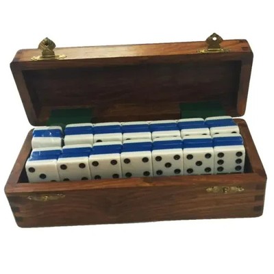 Domino Double Six 6 Two Tone Blue-White Jumbo Pro Size with  Spinners - Wood Box