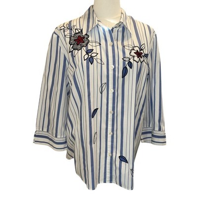 NAPA VALLEY Women Shirt Stripes Embroidery Floral Size XL Coquette Cottage Core