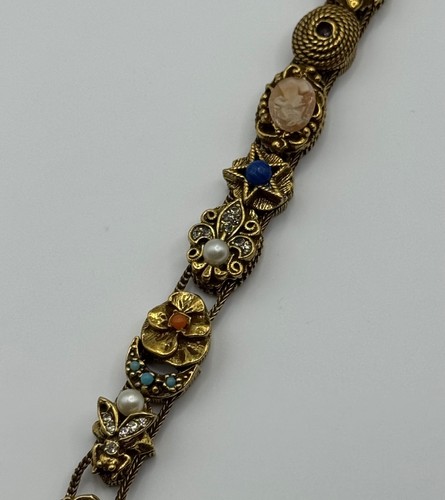 Vintage Goldette Slide Bracelet Victorian Revival Cameo Rhinestone Gold Tone