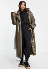 ASOS DESIGN Khaki leather look longline puffer coat with belt UK Size 8