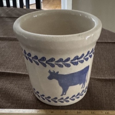 Crock Shop Inc 1 Qt Ceramic Canister Jar White/Blue Cow Animal Country Round