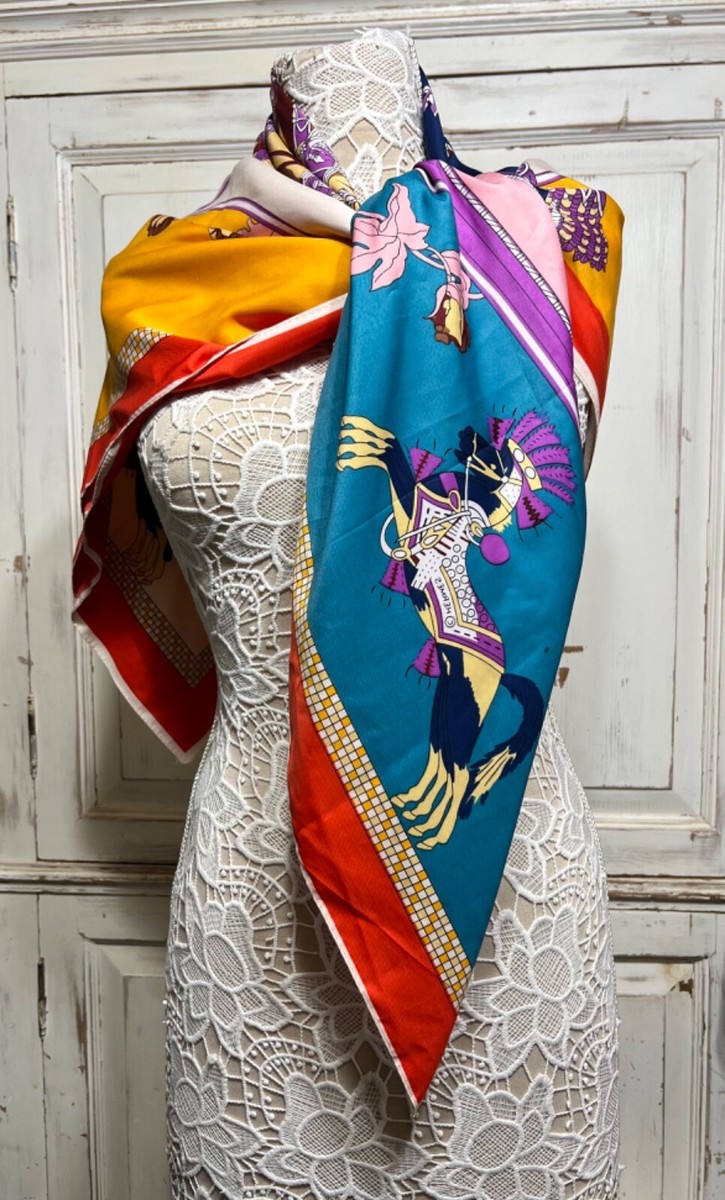 Rare Vintage Hermes Large Horse Designe Pink and M. Color Scarf