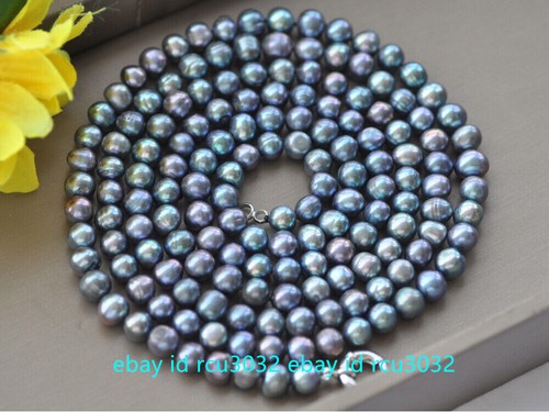 Collar de perlas cultivadas de agua dulce redondo negro pavo real natural de 50" 7-8 mm - Imagen 5 de 12