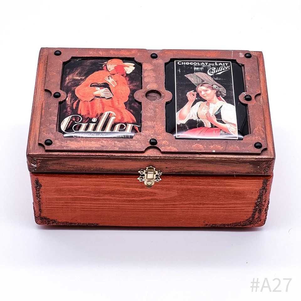 Vintage Truhe aus Holz mit Cailler Chocolat au Lait Blechschildern | Handmade - Bild 2 von 4