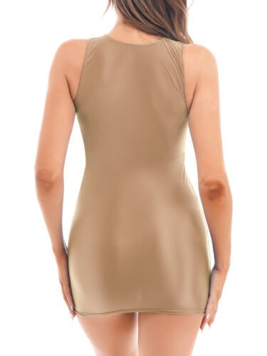 Women's Oil Glossy Smooth Sleeveless U Neck Tank Tops Bodycon Teddies Mini Dress - Picture 85 of 190
