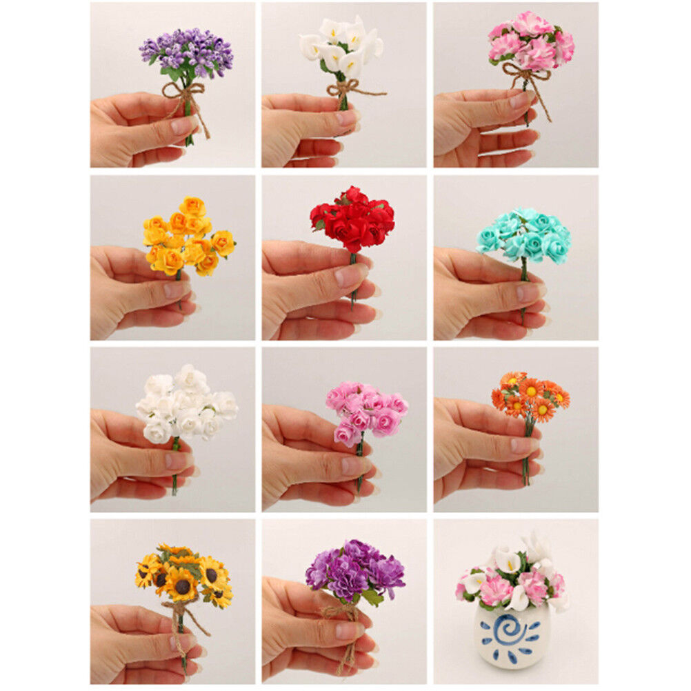 Doll house toy mini flower hand tied bouquet rose flower arrangement T~YC