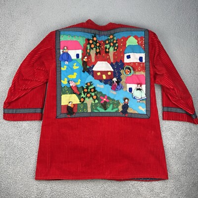 Handmade Folk Art Jacket Womens Large Red Corduroy 3D Appliqué Quilt Scene