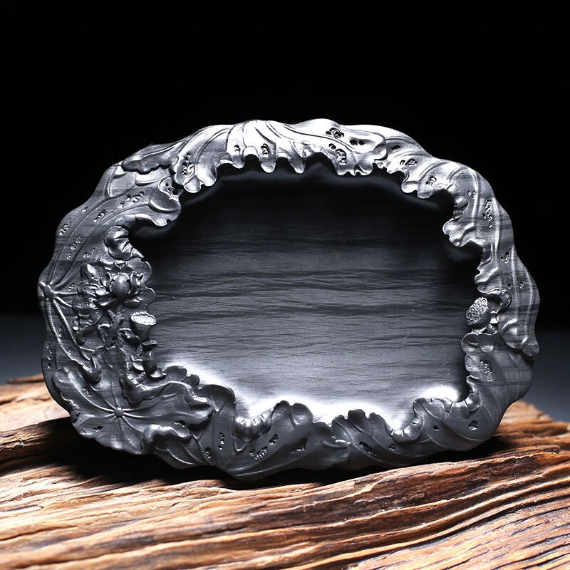 Tinta China 8.7" Piedra Natural Original Tallada a Mano Hoja de Loto Tinta Tinta Foto 2 de 4