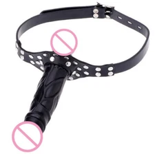 Open Mouth Gag Two Headed Long Plug Restriant Studded Harness Lockable BDSM PU