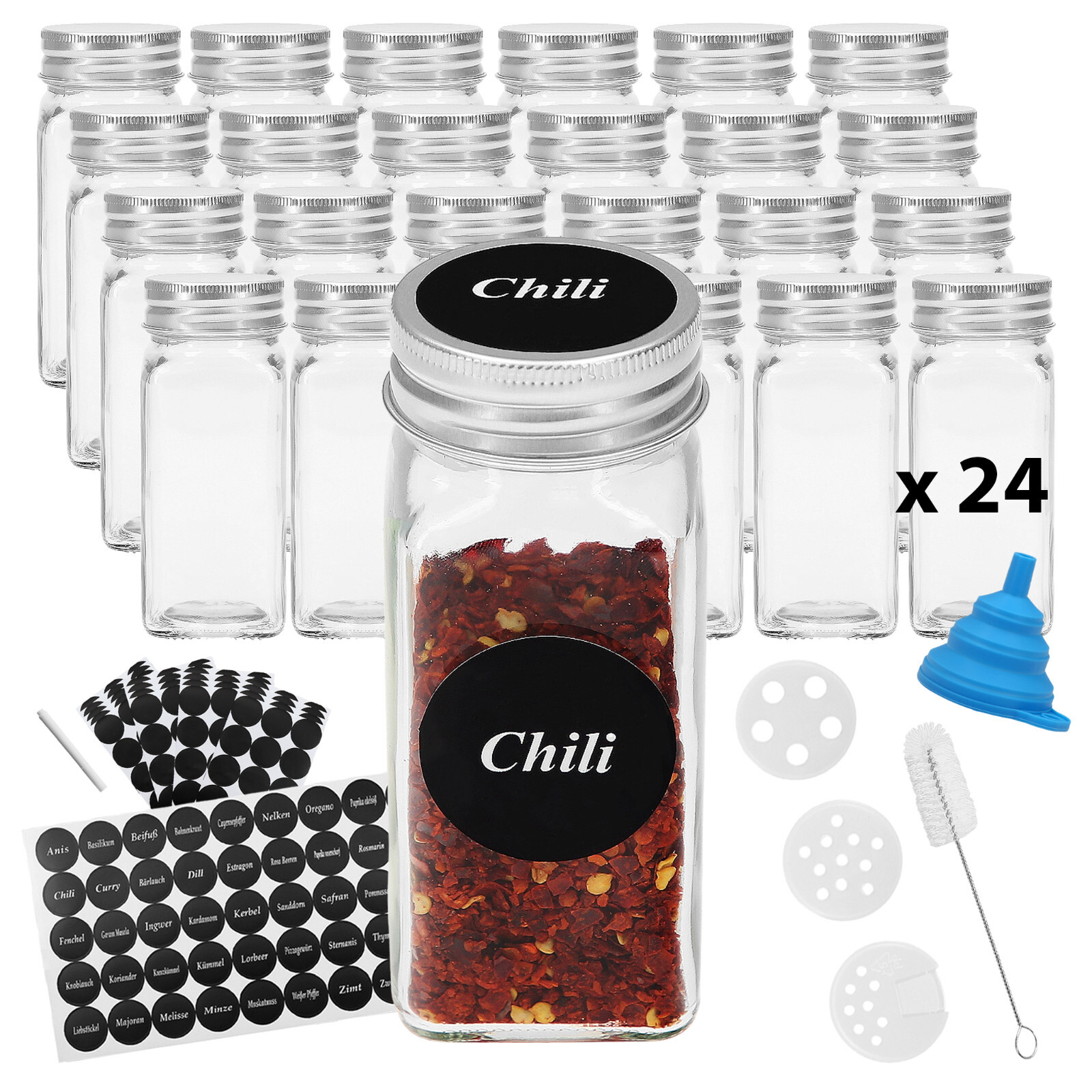 VonBueren Gewürzgläser eckig | Set mit 24 x 120 ml | Gewürzbehälter