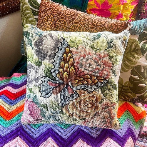 Handmade Needle Point Floral Butterfly Accent Pillow 16” x 16” - Picture 3 of 9